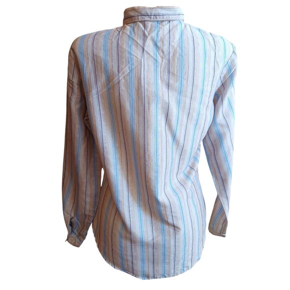 Medium True Vintage Boho Striped Button-Down Blouse Shirt Pastel Blue/Beige 70s - Picture 6 of 7